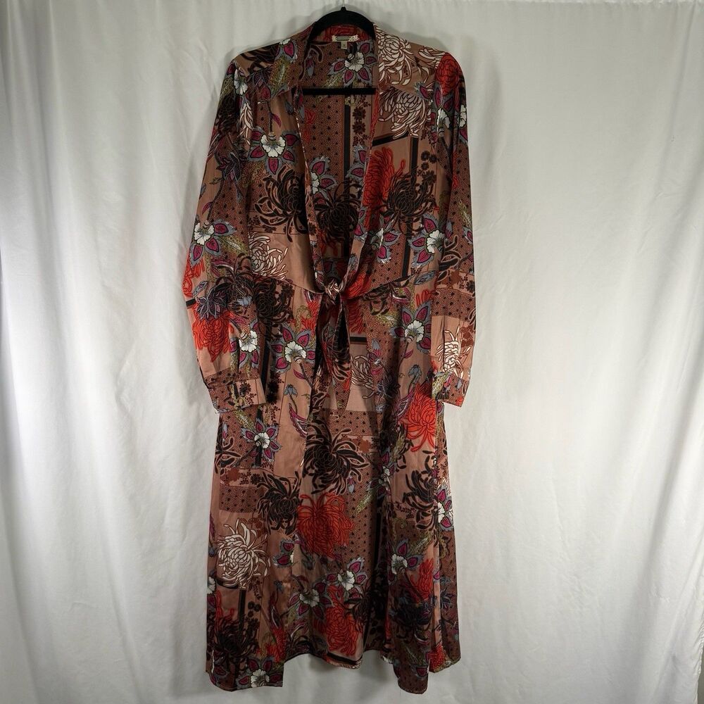 Gimmicks BKE Duster Cardigan Women's Medium Orange Brown Floral Tie Long Sleeve